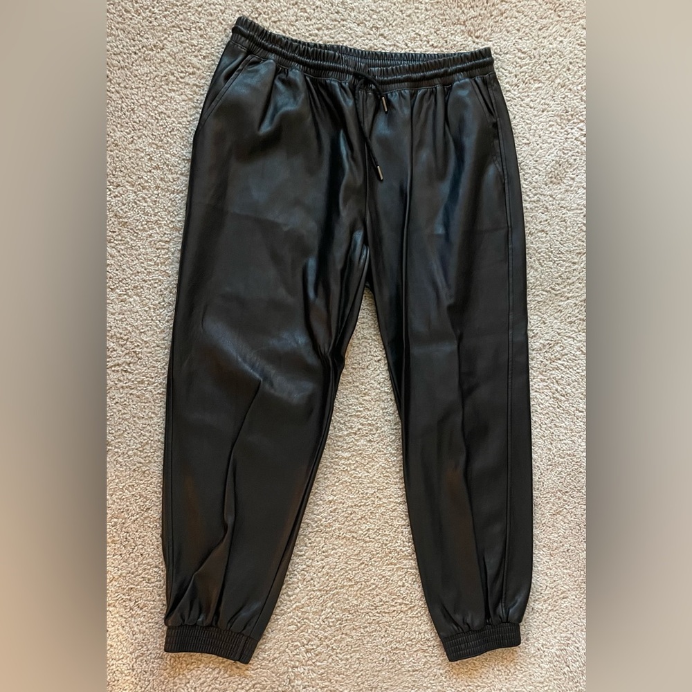 Faux leather drawstring jogger pants, size L